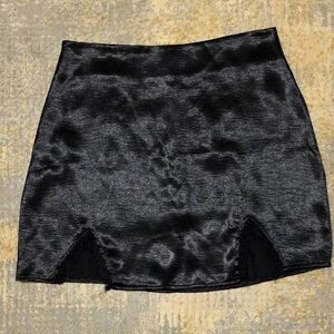 Black Satin Mini Skirt With Double Front Slits and Lace Accents